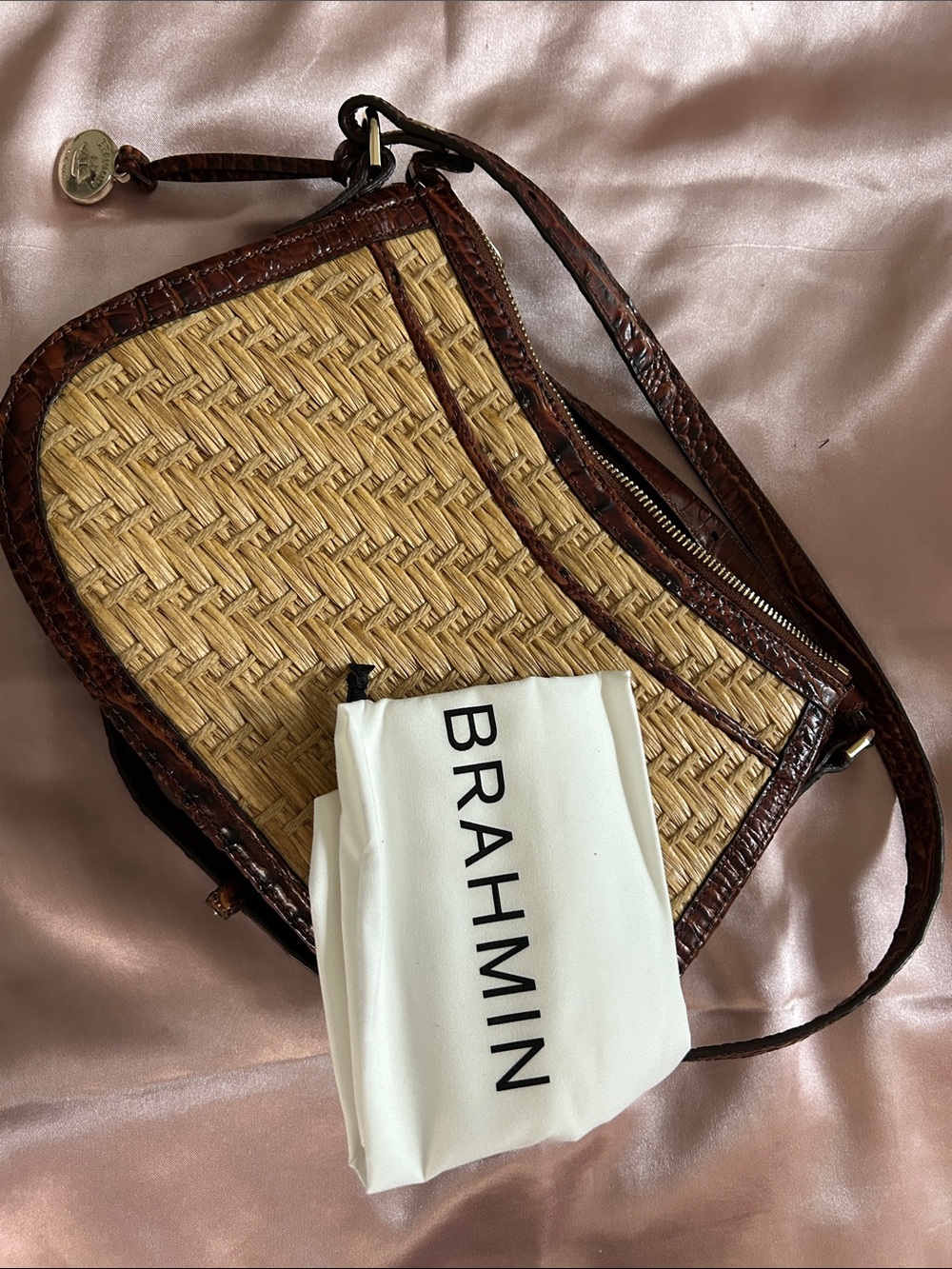 Brahmin Tan Woven Straw Crossbody with Brown Leather Trim